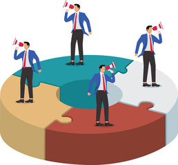 Four businessmen holding megaphone standing on puzzles and shouting