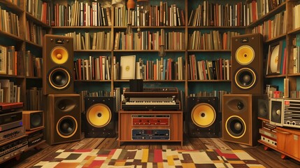 Retro vinyl record room with wall-to-wall records, turntable, and vintage speakers. - obrazy, fototapety, plakaty