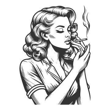 woman in a relaxed pose, smoking a cigarette sketch engraving generative ai fictional character raster illustration. Scratch board imitation. Black and white image.