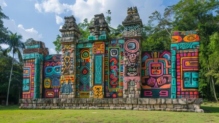 a Mayan temple coming to life on Cinco de Mayo, with vibrant colors and patterns emerging from the ancient stones