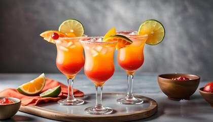 A refreshing summer drink is a tequila sunrise margarita cocktail served with ice in different...