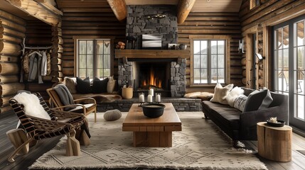 Rustic cabin retreat with log furniture, stone fireplace, and cozy textiles.