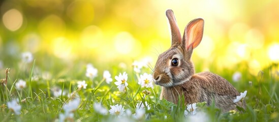 Cute Easter bunny sitting in the green grass with spring flowers on a sunny day