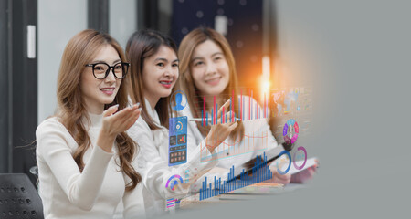 Group of young asian businesswoman working and brainstorming in workshop and analyzing marketing...