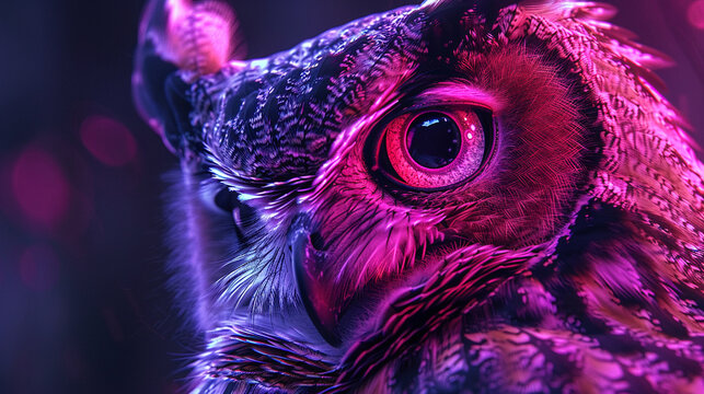 A close up photograph of an owl with glowing red eyes and purple feathers
