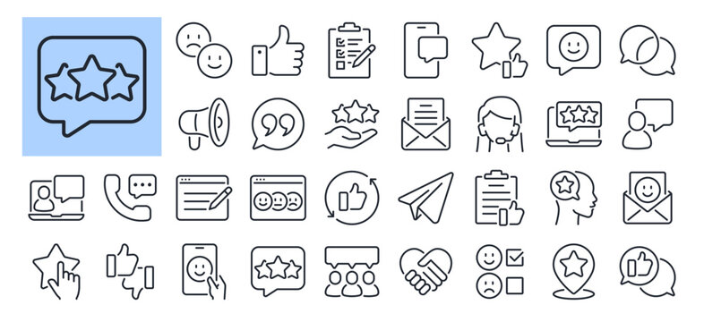 Customer feedback and testimonials editable stroke outline icons set isolated on white background flat vector illustration. Pixel perfect. 64 x 64.