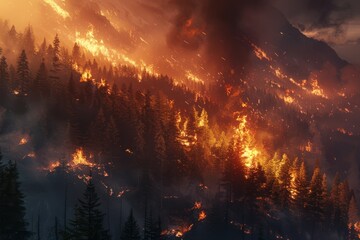 Night fire in the forest with fire and smoke.Epic aerial photo of a smoking wild flame.A blazing,glowing fire at night.Forest fires.Dry grass is burning. climate change,ecology.Line fire in the dark