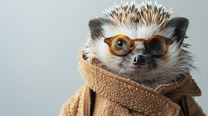 A cute hedgehog wearing glasses and a brown sweater