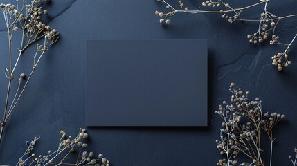 A blank mock up navy blue card top view dimension on background