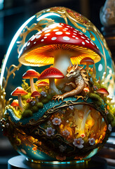Fantasy scene with a mysterious dreamy woodland inside a glass egg. Concept of magic, imagination, fairytale. Digital illustration. CG Artwork Background