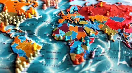 Colorful pushpins on a world map highlighting global locations