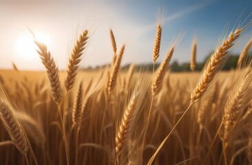 Realistic wallpaper for Baisakhi festival with a field of golden wheat at sunset. Spikes illuminated by the sun.