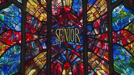 stained glass window colorful word of senior 