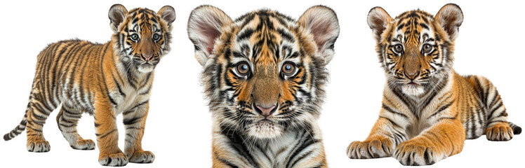 Tiger cub collection, standing, portrait and lying, baby animal bundle isolated on a transparent background