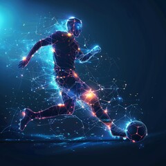 Football player in action made of polygon Al neon network on dark blue background