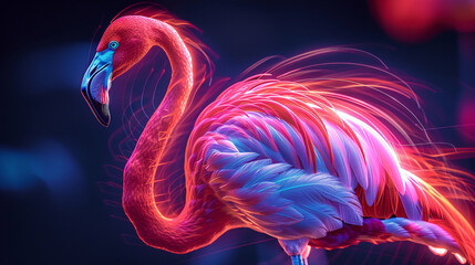 A digital painting of a neon pink flamingo with blue and purple feathers