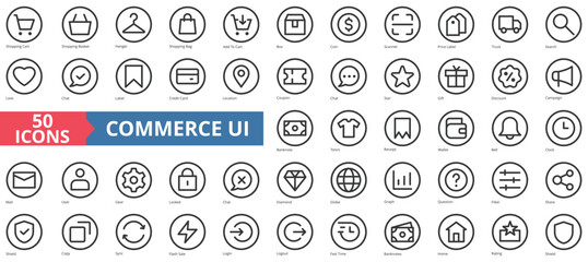 Commerce UI icon collection set. Containing shopping, basket, hanger, bag, add to cart, box, coin icon. Simple line vector.