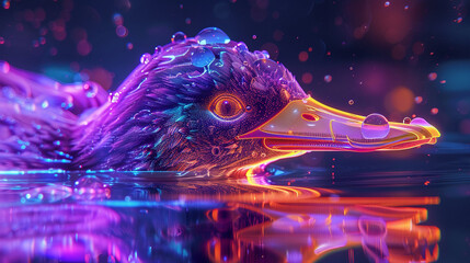 A digital painting of a neon-colored duck swimming in a body of water
