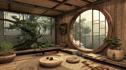 Traditional Chinese tea house with bamboo furniture, tea ceremony area, and bonsai garden.