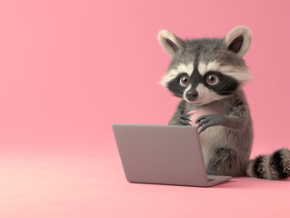 A Cute 3D Raccoon Using a Laptop Computer in a Solid Color Background Room