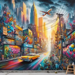 A contemporary street art mural of urban graffiti and vibrant co