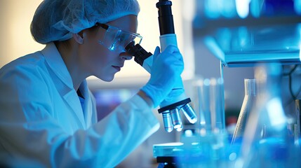 A focused scientist in a lab coat and safety glasses is conducting experiments in a well-equipped research laboratory..