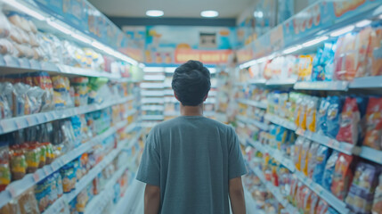 Fototapeta premium Young person seen from behind, contemplating various products in the brightly lit aisle of a grocery store.