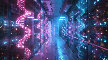 A futuristic sci-fi scene of a long dark hallway with glowing neon pink and blue double helixes hanging from the ceiling