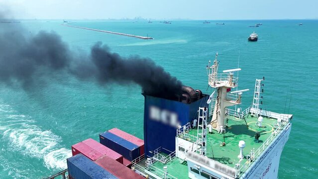 Smoke exhaust gas emissions carbondioxide from cargo lagre ship container ship,Marine diesel engine exhaust gas from combustion, Gas Emission Air Pollution from transportation. green house effect Eco