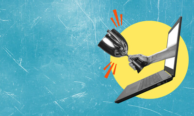 Art collage, modern art collage featuring monitor and hands with award on blue background with copy...
