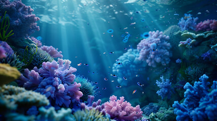 beautiful sea ocean landscape background with coral reefs, anemones, turtles, clown fish, nemo. Deep blue sea with big whale