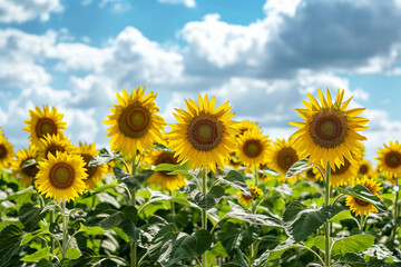 Fototapeta premium Field of sunflowers rustling under whispering winds.