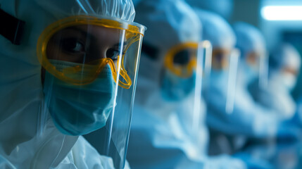 Focused healthcare worker in full protective gear with peers in the background during a crisis.