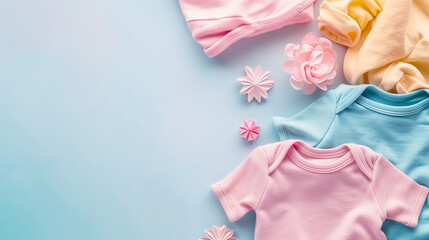 Mockup of baby clothes on plain background with copy-space for text. Newborn bodysuits in vivid colorful colors were displayed on a plain blue background with cute decorations and flowers.