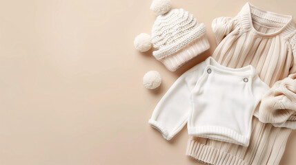 Fototapeta na wymiar Mockup of baby clothes on plain background with copy-space for text. A newborn sweater in white color tone was displayed on a plain beige background with a beanie hat.