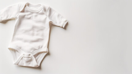 Mockup of baby clothes on plain background with copy-space for text. A newborn bodysuit in white color tone was displayed on a plain light beige background.