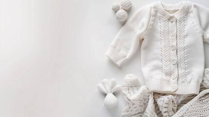 Mockup of baby clothes on plain background with copy-space for text. A newborn sweater in white color tone was displayed on a plain white background with cute decorations.