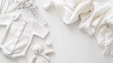 Fototapeta na wymiar Mockup of baby clothes on plain background with copy-space for text. A newborn bodysuit in white color tone was displayed on a plain white background with cute decorations and a teddy doll.