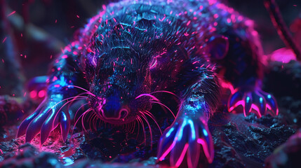 A glowing purple and blue mole with glowing pink eyes and claws stands in the dirt