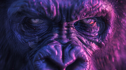 A gorilla staring at you with glowing purple eyes