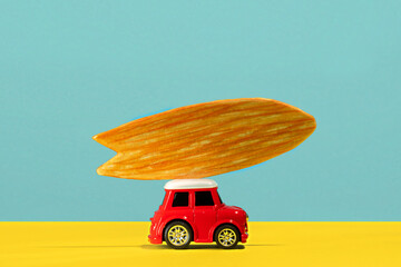 Cute little car with surfboard on blue and yellow background