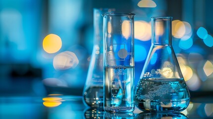 Blue science laboratory background: chemistry experiment with water in beaker and flask glass