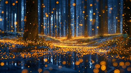 a forest at night, illuminated by yellow lights and dotted with glittering reflections on the ground and surrounding trees