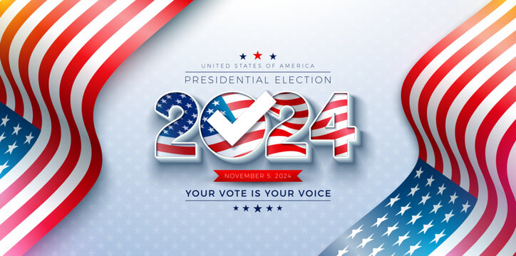 USA 2024 Presidential Election Banner Illustration with American Flag in Text Label on Light Background. Vector Vote Day, November 5. United States Election Voting Design with Typography for Poster