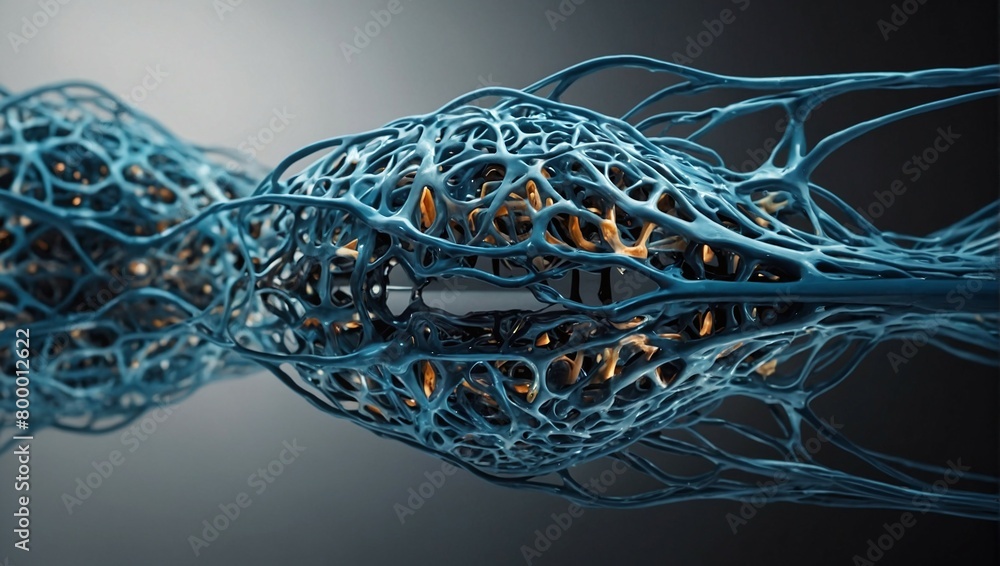Poster blue network of artificial neural connections is reflected in the mirror surface