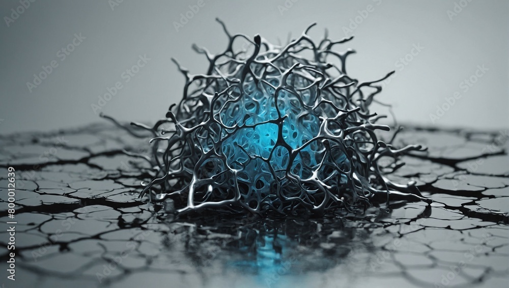 Poster metallic neural network with a blue core on a mirror surface with deep cracks