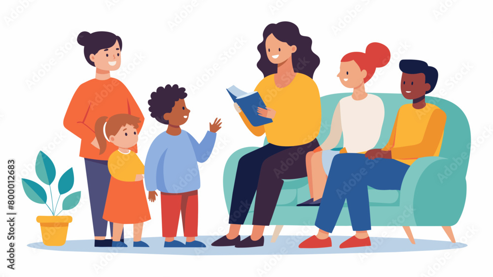 Poster A the conducting a group session for parents discussing the importance of selfcare and setting boundaries while caring for a neurodivergent family. Vector illustration
