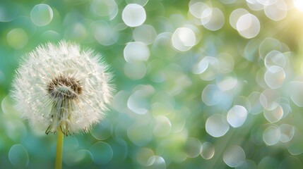 Single white dandelion in the garden,Spring Dandelion in the grass, Wild flowers plant on summer or autumn nature background,Dandelions and branches on defocused background