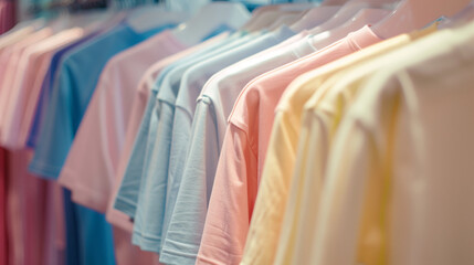 Stack of a lot of folded clothes background. T-shirts in colorful pastel color tones were hanging...