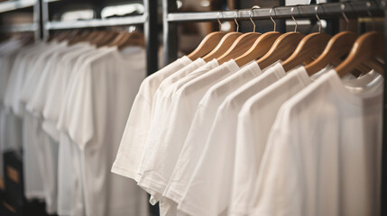 Stack of a lot of folded clothes background. T-shirts in white color were hanging on a clothes racks in a clothes shop.